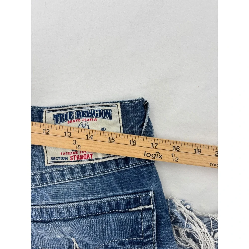 True Religion Straight Jeans Mens 34 Blue Distressed Ripped Denim Streetwear